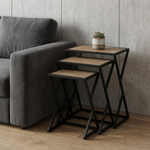 HomeRoots Set of Three Rustic Nested Tables with Solid Wood Tops and Steel Frame - Versatile Accent Furniture 489325