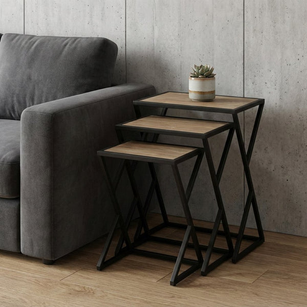 HomeRoots Set of Three Rustic Nested Tables with Solid Wood Tops and Steel Frame - Versatile Accent Furniture 489325
