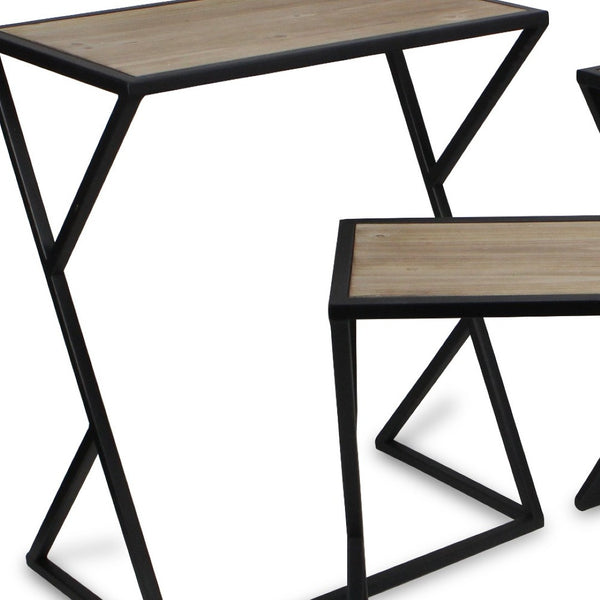 HomeRoots Set of Three Rustic Nested Tables with Solid Wood Tops and Steel Frame - Versatile Accent Furniture 489325