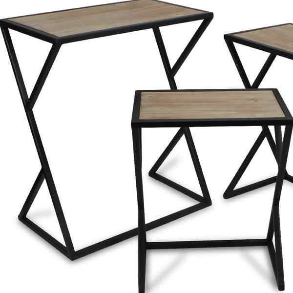 HomeRoots Set of Three Rustic Nested Tables with Solid Wood Tops and Steel Frame - Versatile Accent Furniture 489325