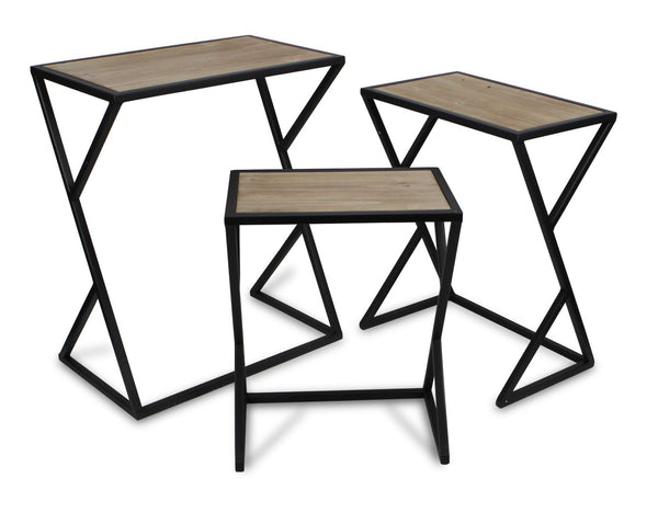 HomeRoots Set of Three Rustic Nested Tables with Solid Wood Tops and Steel Frame - Versatile Accent Furniture 489325