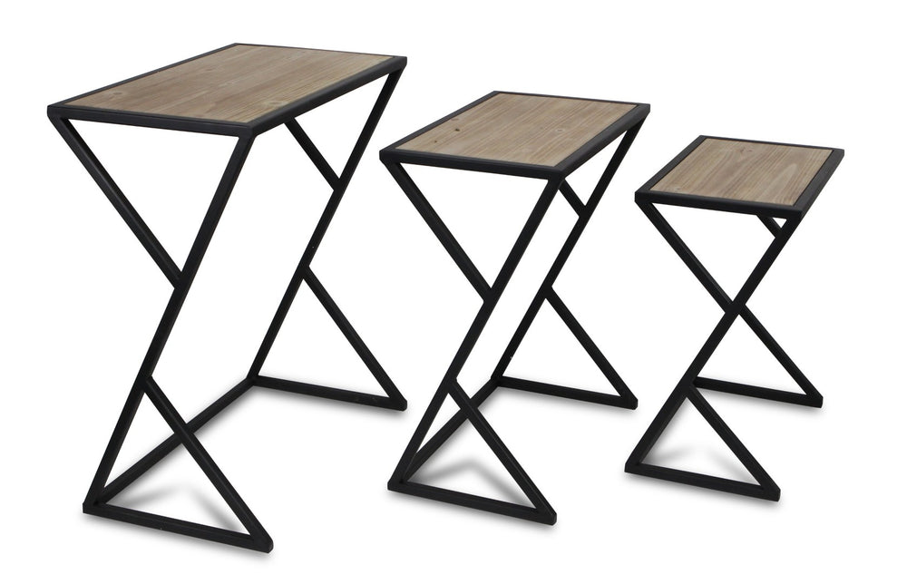 HomeRoots Set of Three Rustic Nested Tables with Solid Wood Tops and Steel Frame - Versatile Accent Furniture 489325