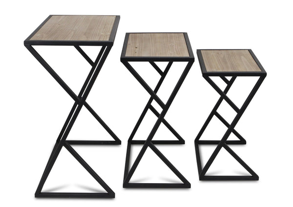 HomeRoots Set of Three Rustic Nested Tables with Solid Wood Tops and Steel Frame - Versatile Accent Furniture 489325