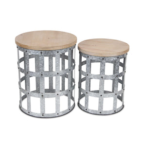 Homeroots Set Of Two 19" Gray And Brown Solid Wood And Steel Round Nested Tables   489326