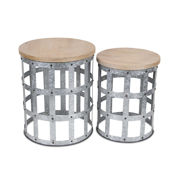 Homeroots Set Of Two 19" Gray And Brown Solid Wood And Steel Round Nested Tables   489326
