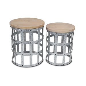 Homeroots Set Of Two 19" Gray And Brown Solid Wood And Steel Round Nested Tables   489326