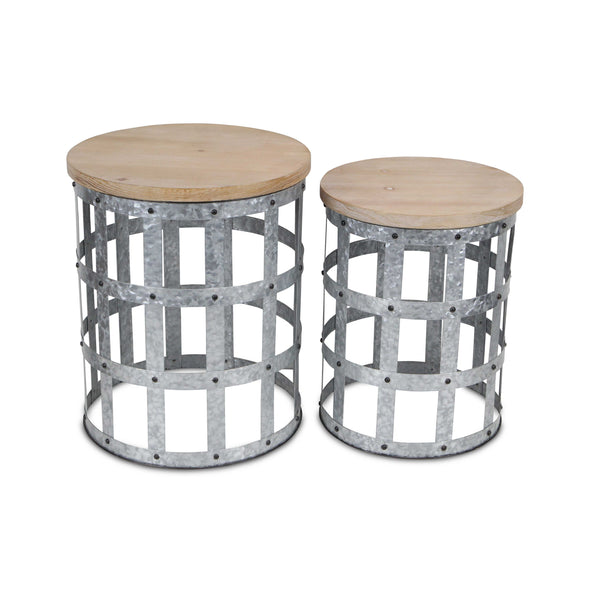 Homeroots Set Of Two 19" Gray And Brown Solid Wood And Steel Round Nested Tables   489326