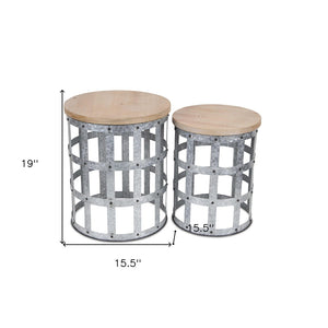 HomeRoots Set of Two 19" Round Nested Tables - Stylish Gray Steel Frame & Brown Wood Top for Versatile Decor 489326