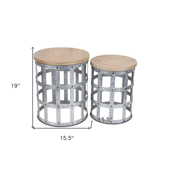 HomeRoots Set of Two 19" Round Nested Tables - Stylish Gray Steel Frame & Brown Wood Top for Versatile Decor 489326