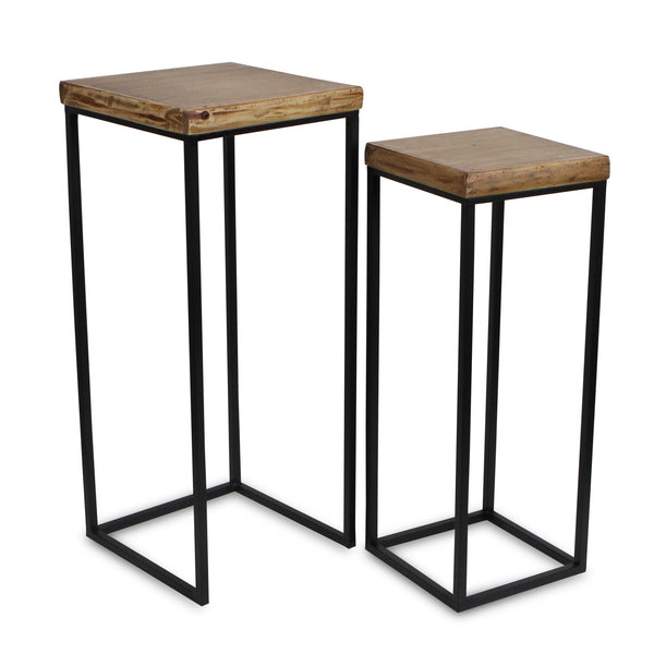 Homeroots Set Of Two 29" Black And Brown Solid Wood And Steel Square Nested Tables   489327