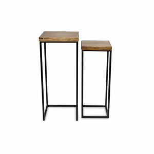 Homeroots Set Of Two 29" Black And Brown Solid Wood And Steel Square Nested Tables   489327