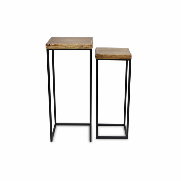 Homeroots Set Of Two 29" Black And Brown Solid Wood And Steel Square Nested Tables   489327