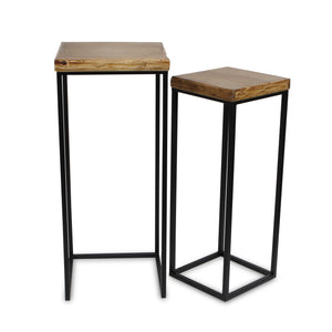 Homeroots Set Of Two 29" Black And Brown Solid Wood And Steel Square Nested Tables   489327