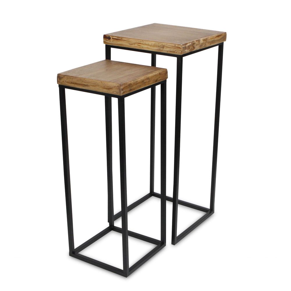 Homeroots Set Of Two 29" Black And Brown Solid Wood And Steel Square Nested Tables   489327