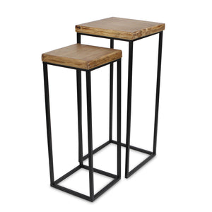 Homeroots Set Of Two 29" Black And Brown Solid Wood And Steel Square Nested Tables   489327