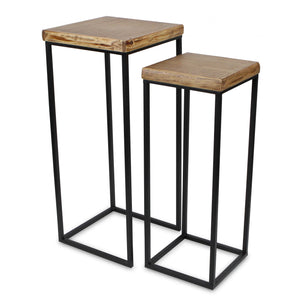 Homeroots Set Of Two 29" Black And Brown Solid Wood And Steel Square Nested Tables   489327