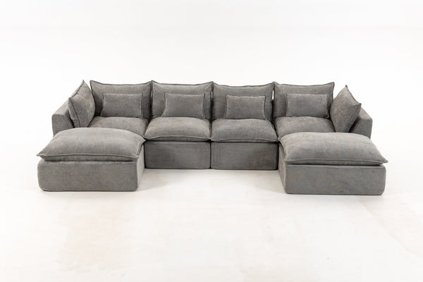 English Elm 129.8" Wide Modular Cloud Sectional Cotton Linen Sofa with Deep Foam Seats and Ottomans Antique Grey W2530S00015