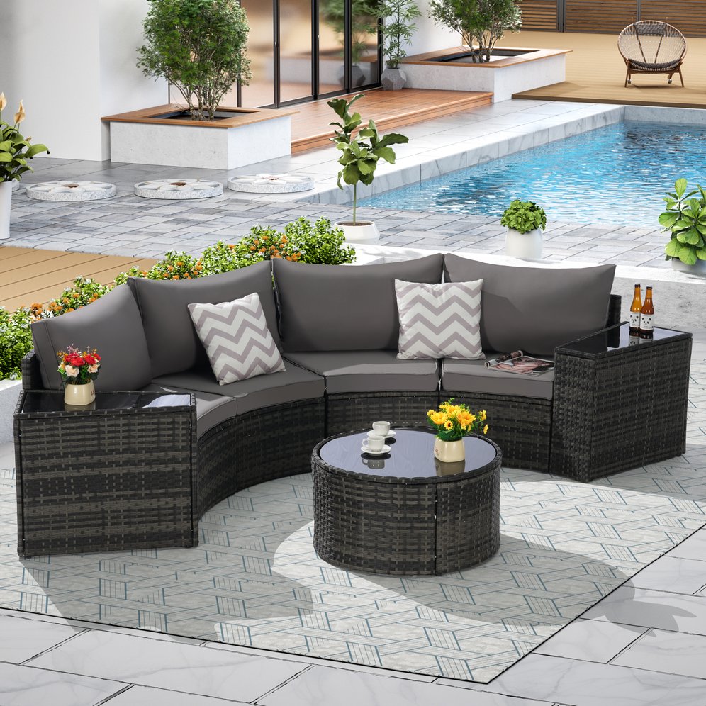 English Elm Outdoor Patio Furniture 7-Piece Half-Moon Sectional Set With Glass Coffee Table For Modern Lounging W874S00043
