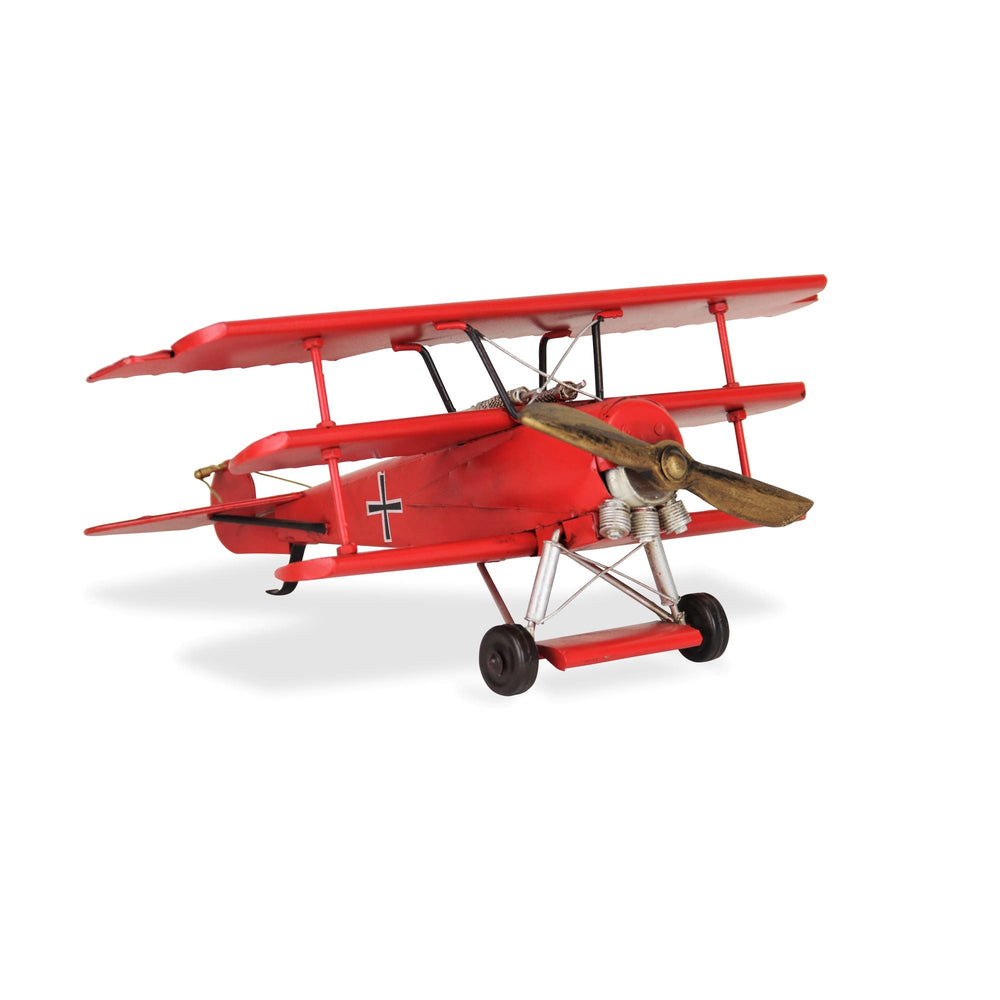 Homeroots 7" Red And Silver Metal Hand Painted 1917 "Fokker" Red Baron Tri Plane Model Airplane  Metal 489408