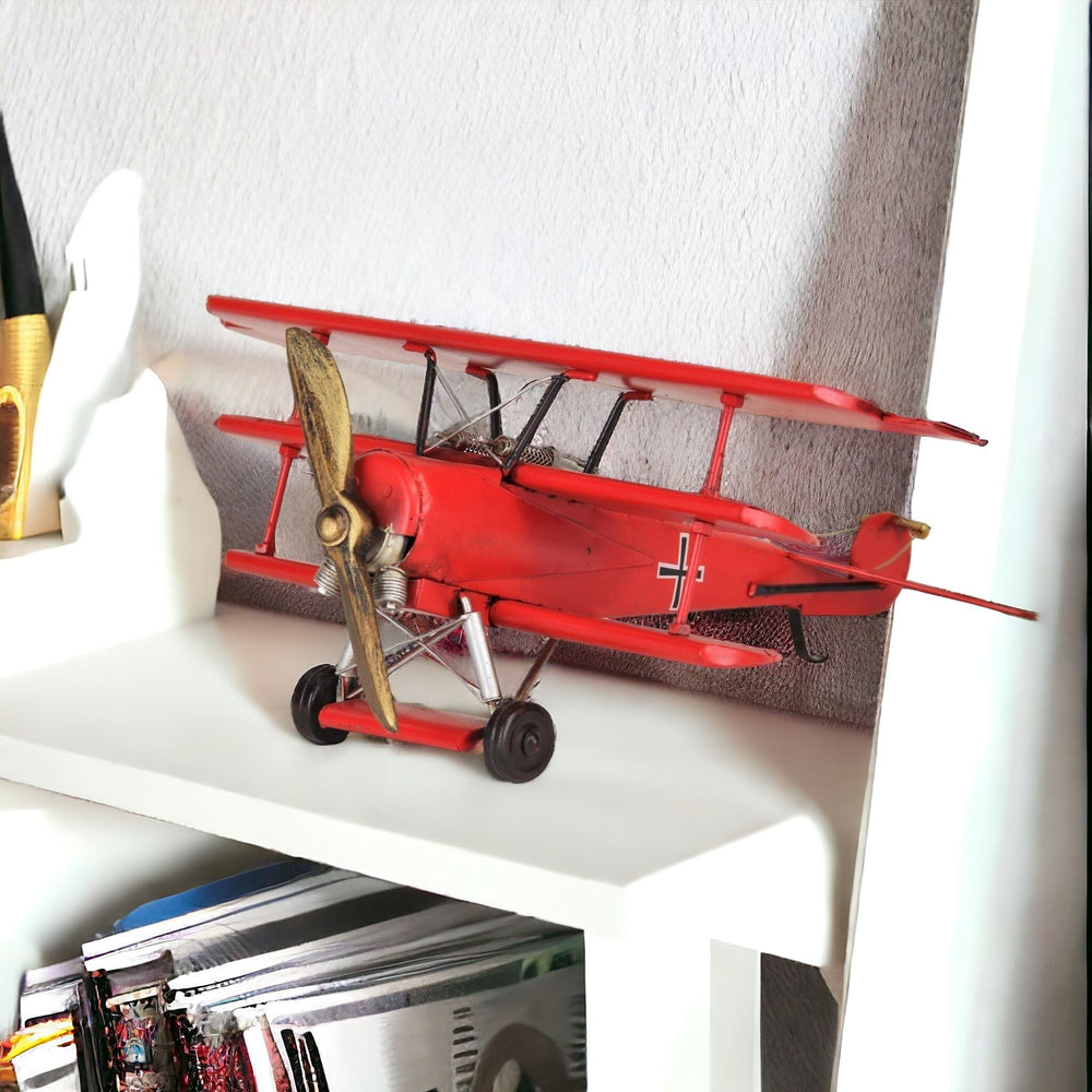 Homeroots 7" Red And Silver Metal Hand Painted 1917 "Fokker" Red Baron Tri Plane Model Airplane  Metal 489408