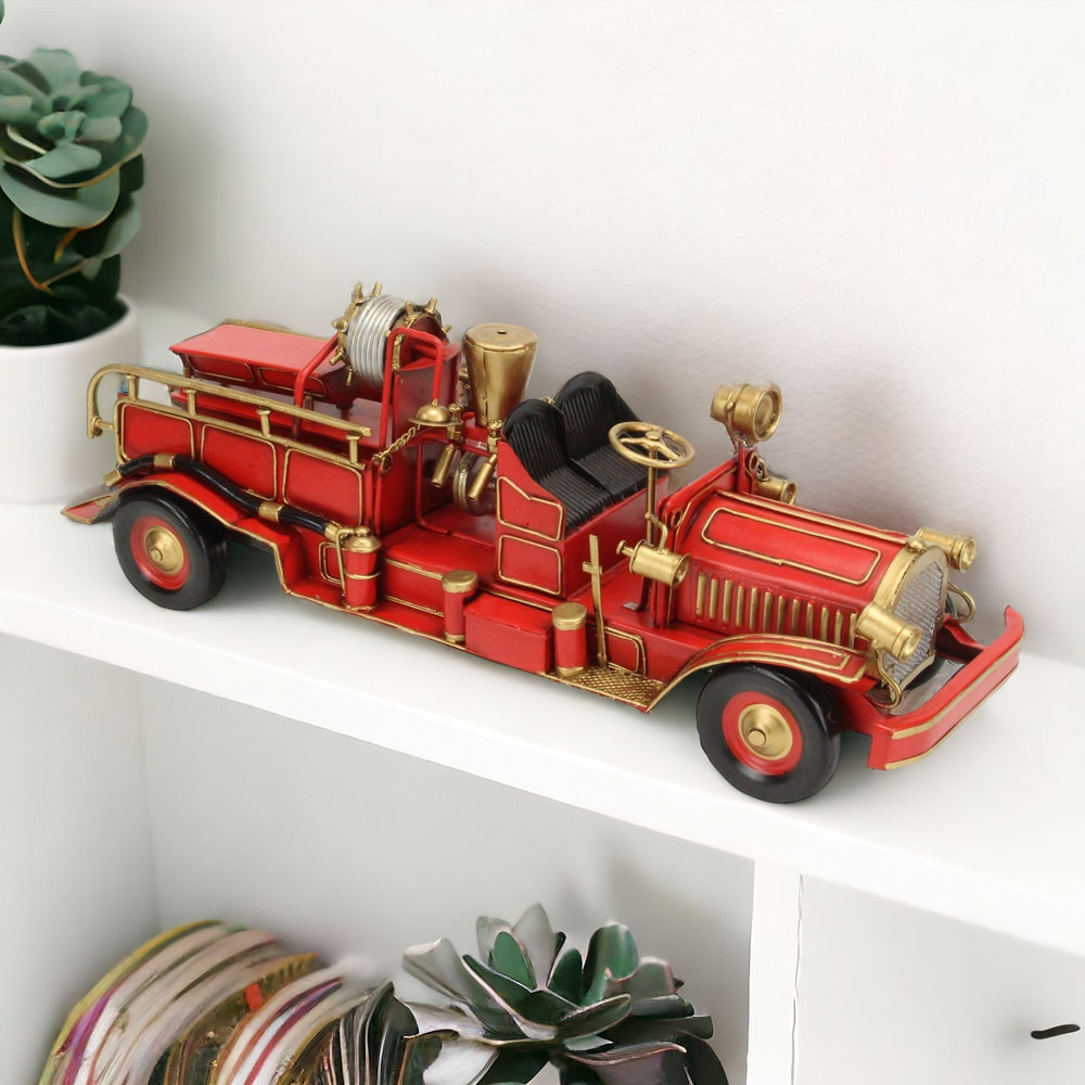 Homeroots 6" Red And Gold Metal Hand Painted Early 20th Century Red Fire Engine Model Car  Metal 489419