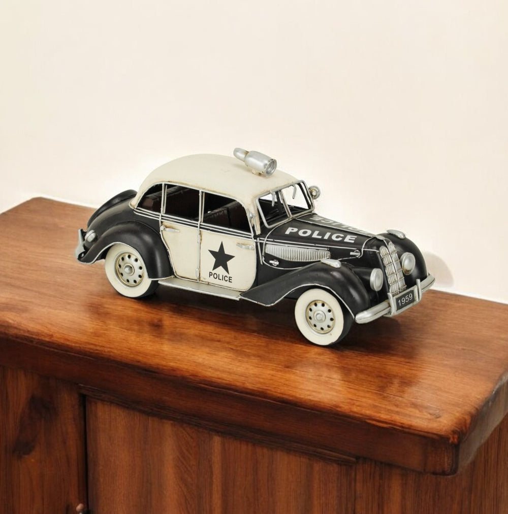 Homeroots 5" Cream Metal Hand Painted Early 20th Century Style Police Car Model Car  Metal 489431