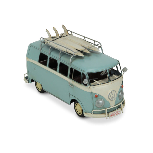 Homeroots 7" Light Blue And White Metal Hand Painted Blue Volkswagen Samba Bus Model Car  Metal 489439