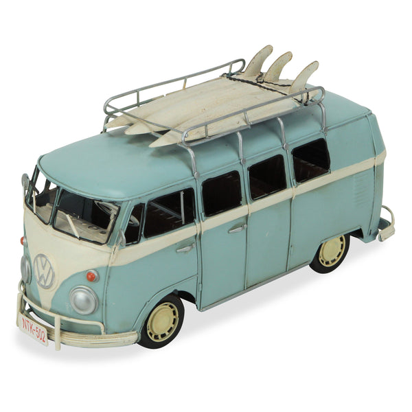 Homeroots 7" Light Blue And White Metal Hand Painted Blue Volkswagen Samba Bus Model Car  Metal 489439