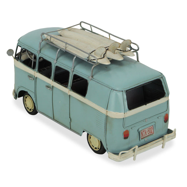Homeroots 7" Light Blue And White Metal Hand Painted Blue Volkswagen Samba Bus Model Car  Metal 489439