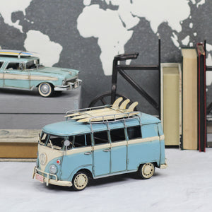Homeroots 7" Light Blue And White Metal Hand Painted Blue Volkswagen Samba Bus Model Car  Metal 489439