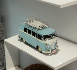 Homeroots 7" Light Blue And White Metal Hand Painted Blue Volkswagen Samba Bus Model Car  Metal 489439