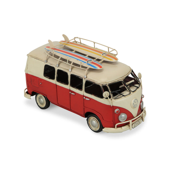 Homeroots 5" Red And White Metal Hand Painted Red Volkswagen Beach Samba Bus Model Car  Metal 489441