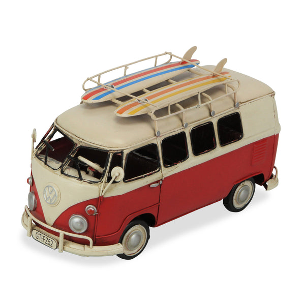 Homeroots 5" Red And White Metal Hand Painted Red Volkswagen Beach Samba Bus Model Car  Metal 489441