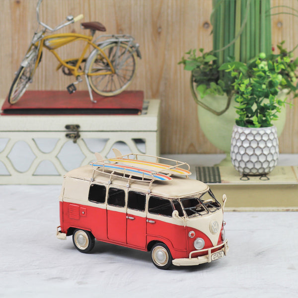 Homeroots 5" Red And White Metal Hand Painted Red Volkswagen Beach Samba Bus Model Car  Metal 489441