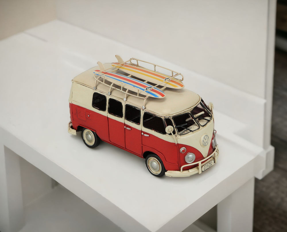 Homeroots 5" Red And White Metal Hand Painted Red Volkswagen Beach Samba Bus Model Car  Metal 489441