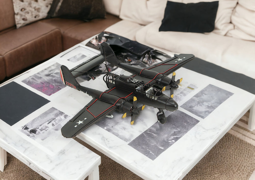 Homeroots 4" Black And Red Metal Hand Painted P-61 Black Widow Model Airplane  Metal 489452