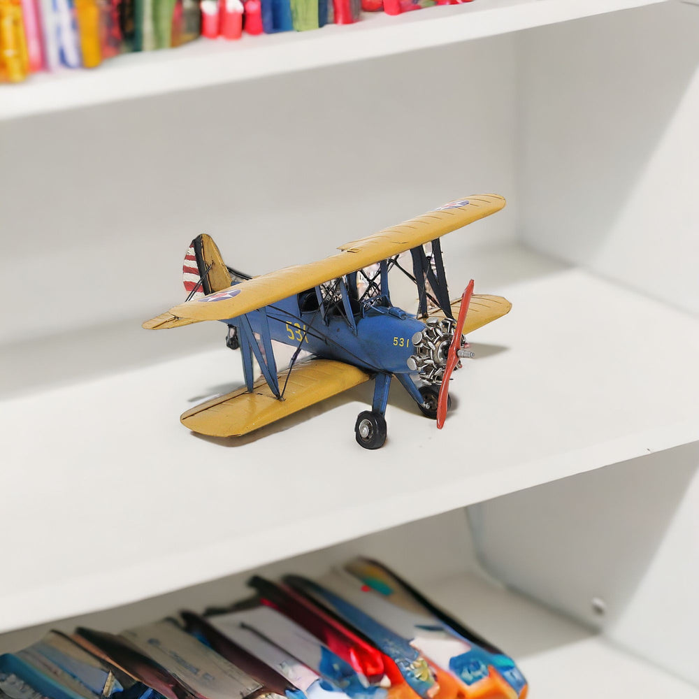 Homeroots 6" Blue And Yellow Metal Hand Painted 1941 Pt17-stearman Model Airplane  Metal 489467