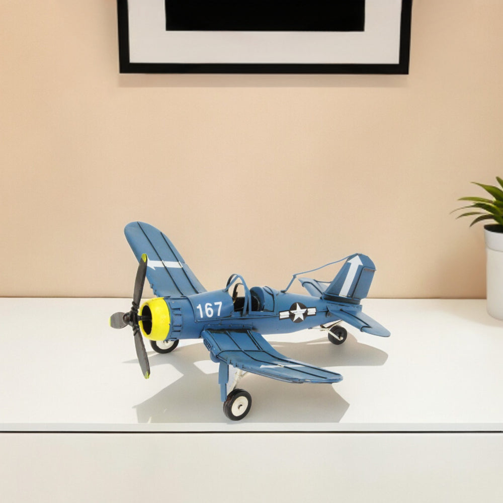 Homeroots 5" Blue And Yellow Metal Hand Painted Model Airplane Tabletop Sculpture  Metal 489472