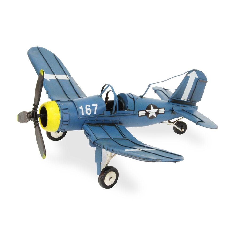 Homeroots 5" Blue And Yellow Metal Hand Painted Model Airplane Tabletop Sculpture  Metal 489472