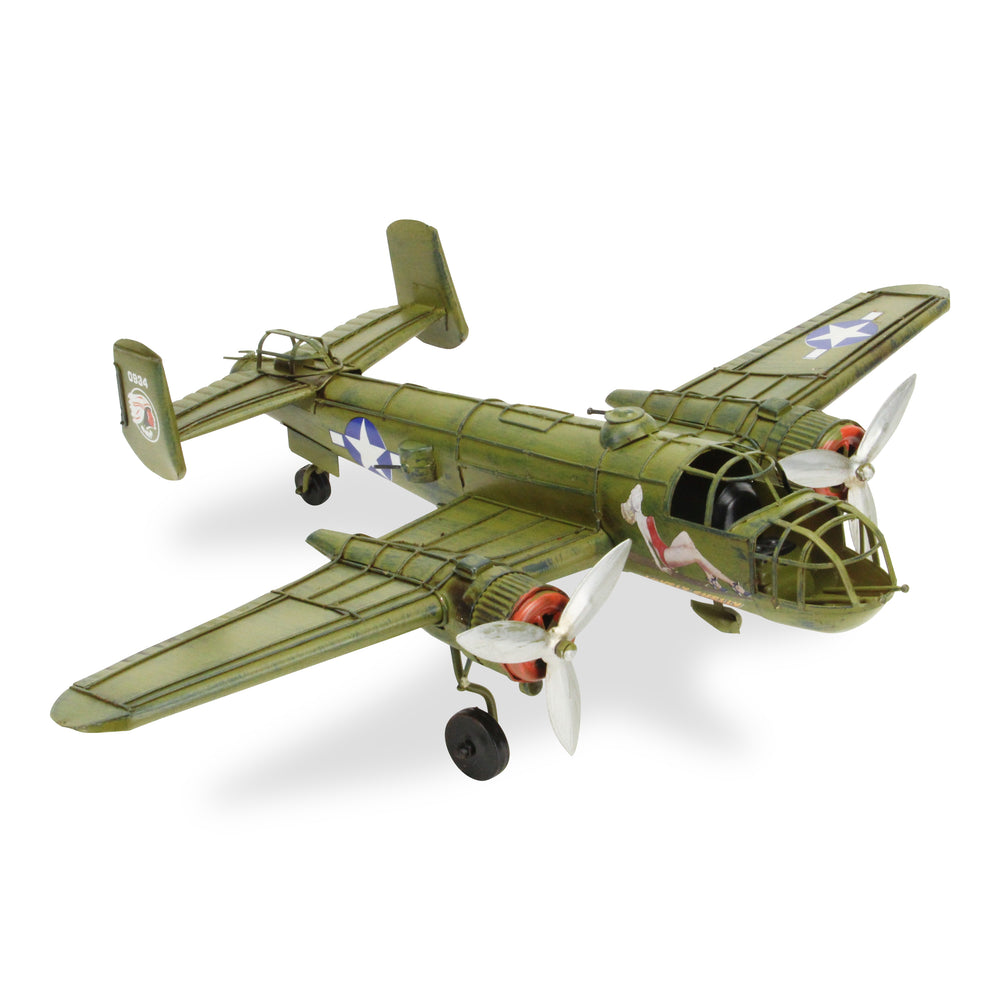 Homeroots 6" Green And White Metal Hand Painted World War Ii B-25 Mitchell Model Airplane  Metal 489473