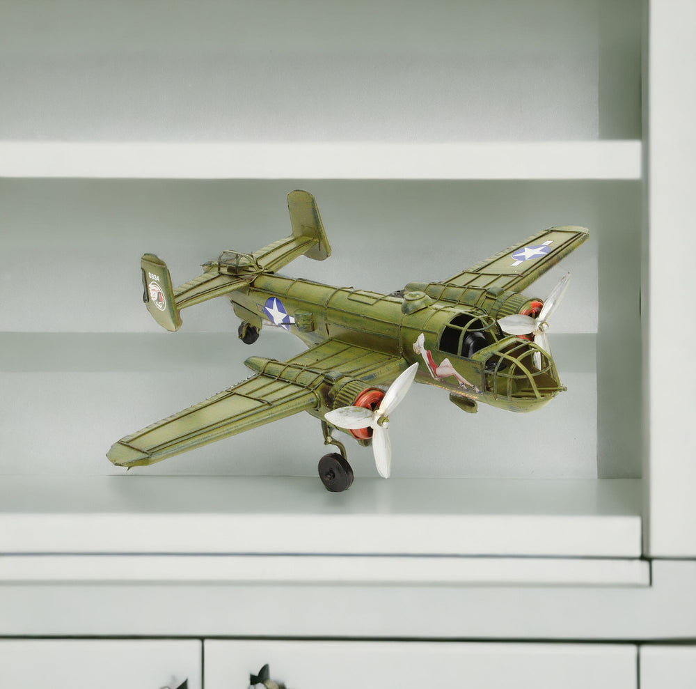 Homeroots 6" Green And White Metal Hand Painted World War Ii B-25 Mitchell Model Airplane  Metal 489473