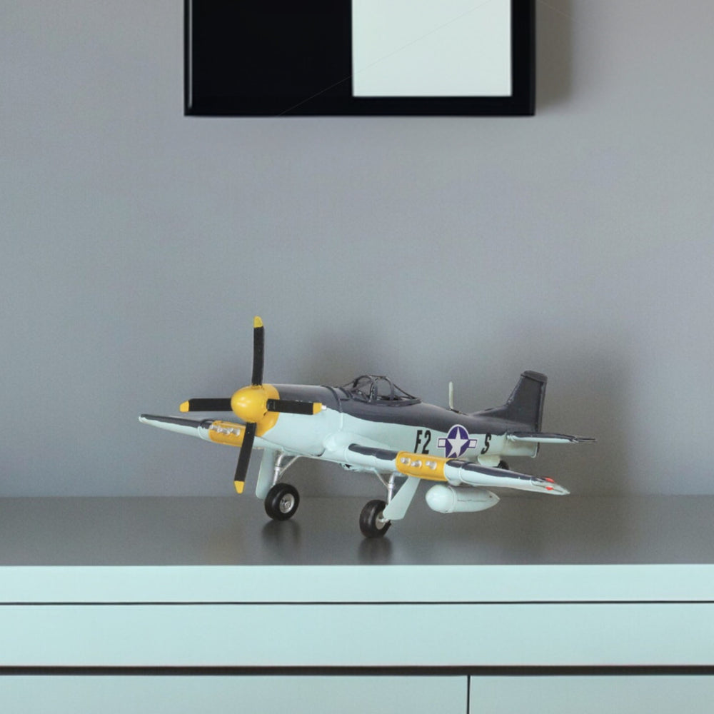 Homeroots 5" Black And Yellow Metal Hand Painted 1940's P-51 Mustang Model Airplane  Metal 489474