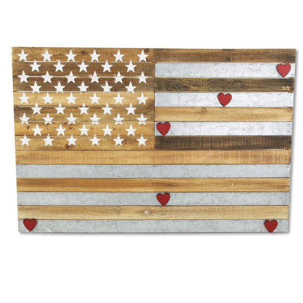 HomeRoots 24" Rustic Americana Stars and Stripes Wall Sculpture with Magnetic Hearts – Metal & Wood Art Piece 489477