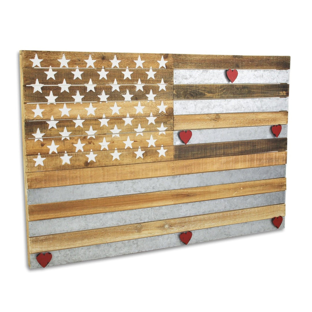 HomeRoots 24" Rustic Americana Stars and Stripes Wall Sculpture with Magnetic Hearts – Metal & Wood Art Piece 489477