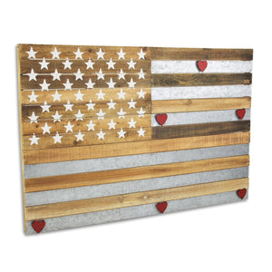 HomeRoots 24" Rustic Americana Stars and Stripes Wall Sculpture with Magnetic Hearts – Metal & Wood Art Piece 489477