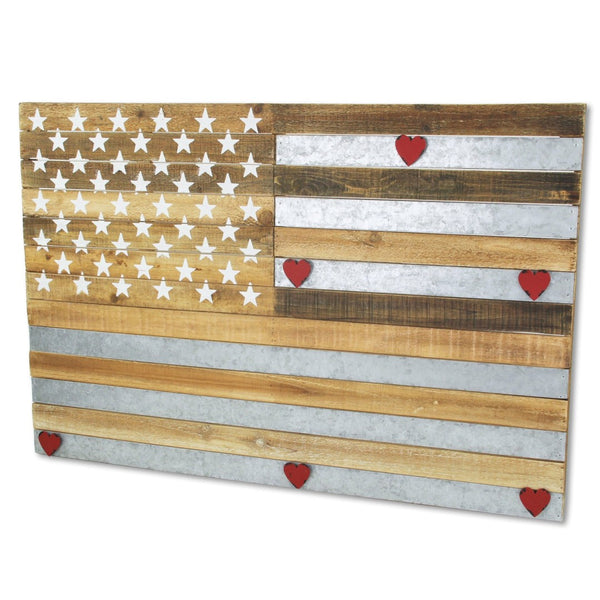 HomeRoots 24" Rustic Americana Stars and Stripes Wall Sculpture with Magnetic Hearts – Metal & Wood Art Piece 489477