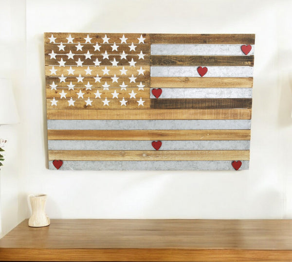 HomeRoots 24" Rustic Americana Stars and Stripes Wall Sculpture with Magnetic Hearts – Metal & Wood Art Piece 489477