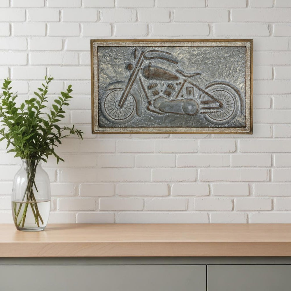 HomeRoots 23" Vintage-Inspired Motorcycle Wall Decor - Handmade Wood & Metal Art for Industrial Charm 489482