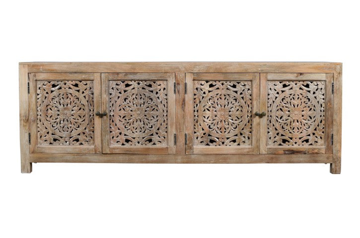Homeroots 86" Rustic Solid Wood Enclosed Storage Tv Stand With Hand-carved Floral Design For Stylish Spaces  Solid Wood 489499