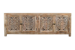 Homeroots 86" Rustic Solid Wood Enclosed Storage Tv Stand With Hand-carved Floral Design For Stylish Spaces  Solid Wood 489499
